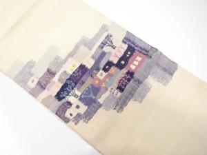 手織り真綿紬　枡に草花模様織り出し　名古屋帯